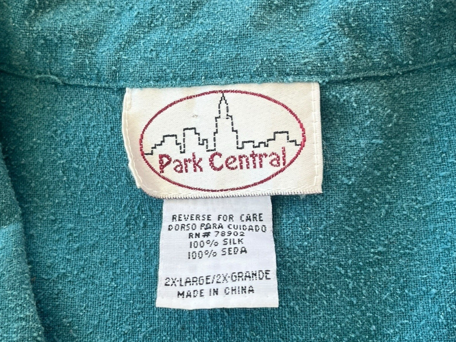 Vtg Y2K Park Central Brushed Silk Button Up Roll Tab Teal Top Size XXL Safari