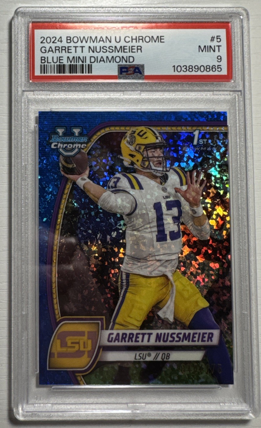 Garrett Nussmeier 2024 Bowman Chrome U Blue Mini Diamond Refractor /175 #5 PSA 9