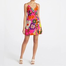 FARM RIO Pink Bright Floral Full Garden V-Neck Button-Front Mini Dress M = 8/10