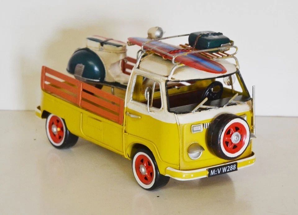 Auto In Latta Nostalgia Modello Auto Da Campeggio Bulli Giallo Oldtimer L 26 Cm - Immagine 2 di 4