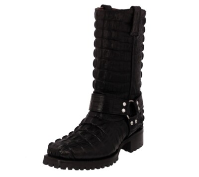 Mens Motorcycle Western Leather Boots Crocodile Print Black Biker Harness Botas