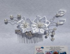 Bride hair comb pearls, rhinestones, satin flowers, slide clasp women