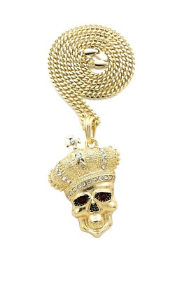 GOLD PT KING CROWNED SKULL PENDANT & 24'' CUBAN, BOX, ROPE CHAIN HIP HOP NECKLACE