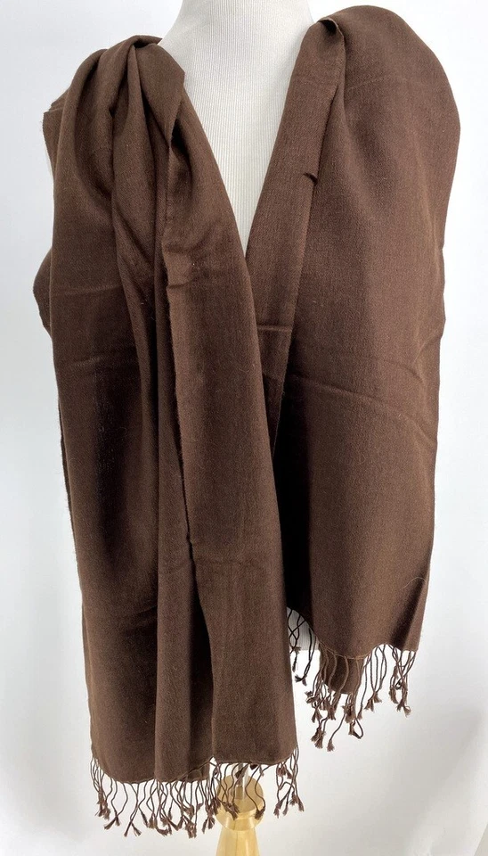 Nuevo Pashmina Cachemira Tela Seda Bufanda Envoltura Marrón Claro Flecos 21" X 75" Foto 3 de 4