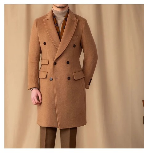 Men's Wool Overcoat Thickened Peak Lapel Double Breasted Mid-Length Warm Coat - Picture 7 of 23