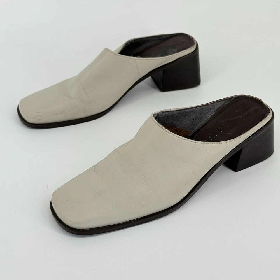 Vtg Nine West Bone White Mules Size 7.5M Block Heel Slip On Minimal 90s Square - Image 2 of 4
