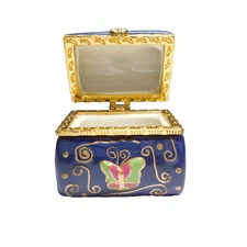 N25.37 Jewelry Box Miniature Golden Metal Porcelain Decor Flower Butterfly