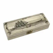 New Voyage Explorer Ship Black Engraved Vintage Scrimshaw Bone Box