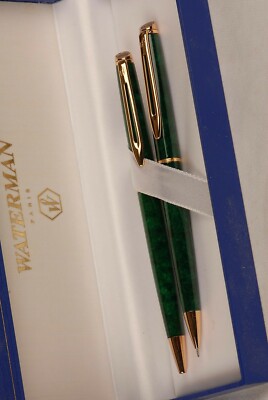 Waterman Hemisphere Set Green Marble & Gold Ballpoint Pen & 0.5 Pencil New In Bx