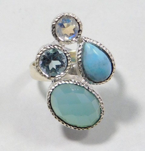 Chunky 925 Silver Ring Larimar Blue Topaz Multi Gemstone Ring Handmade Jewelry - Picture 3 of 4