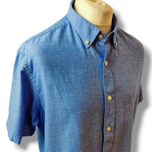 Charles Tyrwhitt Mens Short Sleeve Shirt Blue Size L Linen Cotton Slim Fit