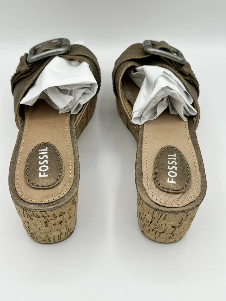 Sandalia de cuña de corcho fósil Y2K de colección hebilla de cuero cobre bronce plataforma deslizable 6,5 Foto 3 de 4