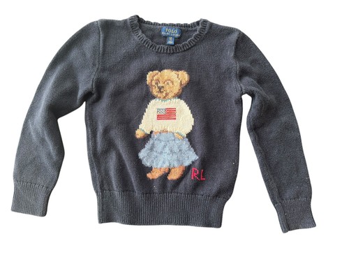 Ralph Lauren Polo Bear Sweater Girls Size 7 Navy Preppy 100% Cotton