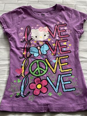 Mädchen Hello Kitty T-Shirt Oberteil lila Liebe Frieden klein 6/6x