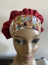 Bouffant medical Scrub Hat Cap Dog Print Border And Red