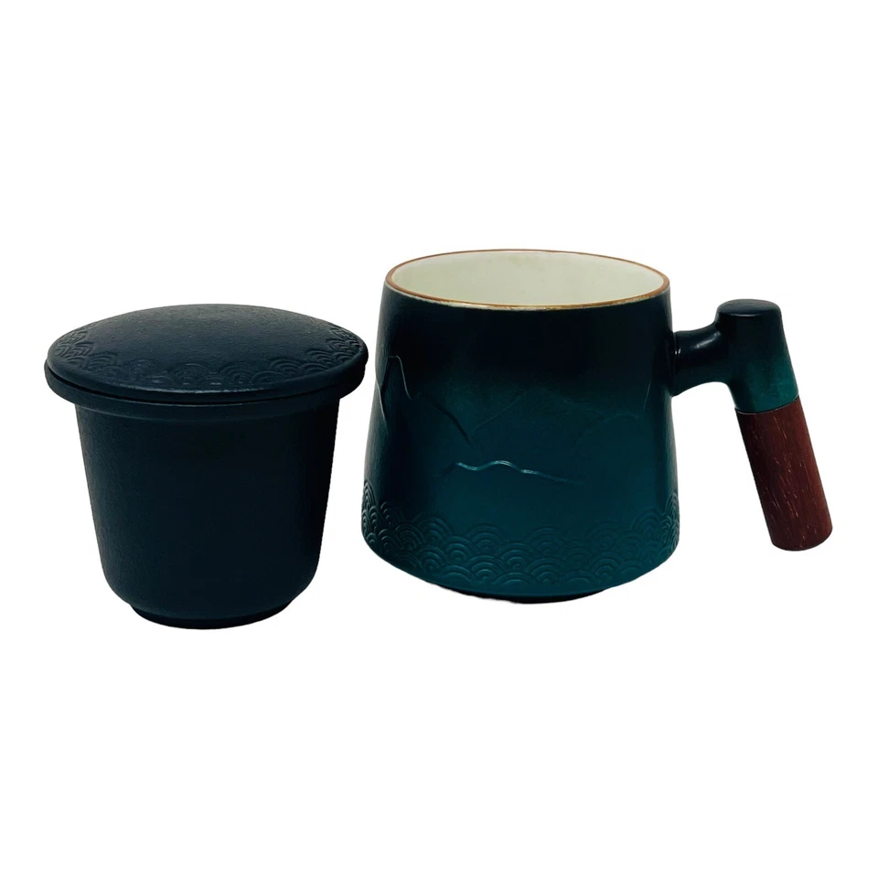 Taza de té de cerámica Mountain And Waves con infusor y tapa verde oscuro negro cerámica Foto 3 de 4