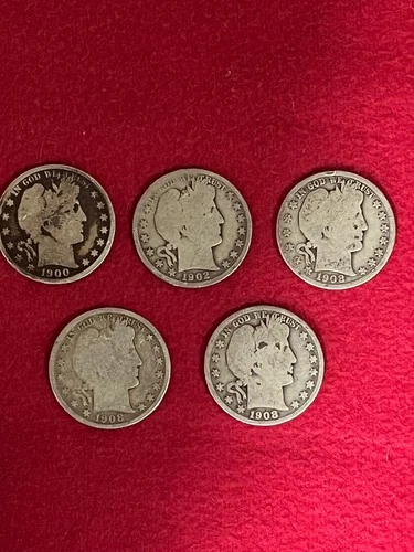 US Barber Half Dollars -  5 Coins   - Fine Silver - Fine Details - Junk Lot
