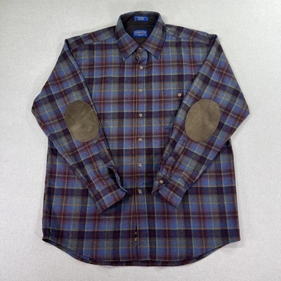 Pendleton Trail Shirt Mens L Blue Plaid Wool Elbow Patch Lined Flannel Casual