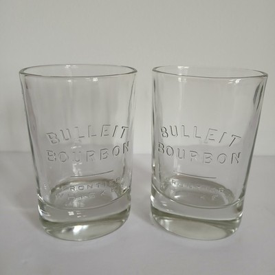 Pair of Bulleit Bourbon Frontier Whiskey Oval Rocks Glasses Heavy Base