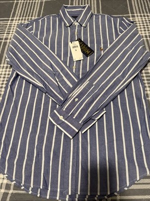 RalphLauren Men Long Sleeve Oxford Shirt Blue/ WhiteStripes Classic Fit Sz M NWT