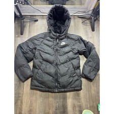 Nike Kids Black Puffer Jacket Hooded Chevron Logo Print Size Small S