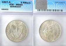 Germany 1927 A 3 Marks, Bremerhaven, Gem ICG 64 PQ, Rare Grade, Low Mintage