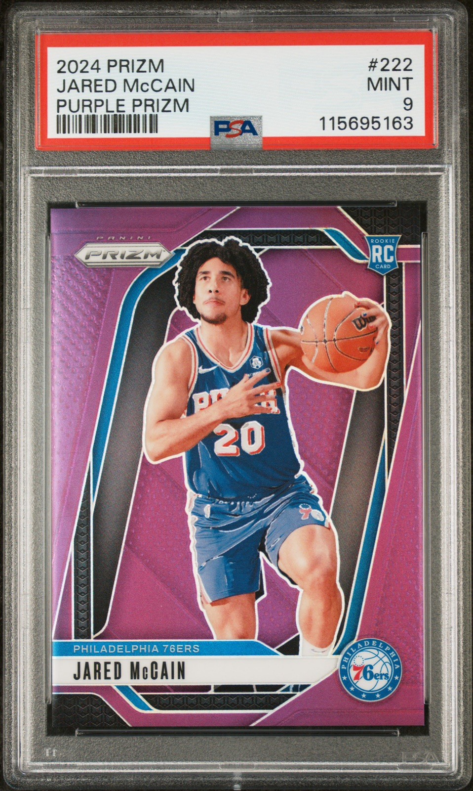 2024-25 Panini Prizm Jared McCain #222 76ers RC Rookie Purple Prizm /99 PSA 9