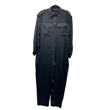 Vtg Liz Claiborne Jumpsuit Womens 12 Black LS Minimalist Epaulette Utility 80s
