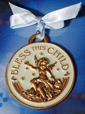 Vintage Bless This Child crib Medallion / Angel Blue and gold