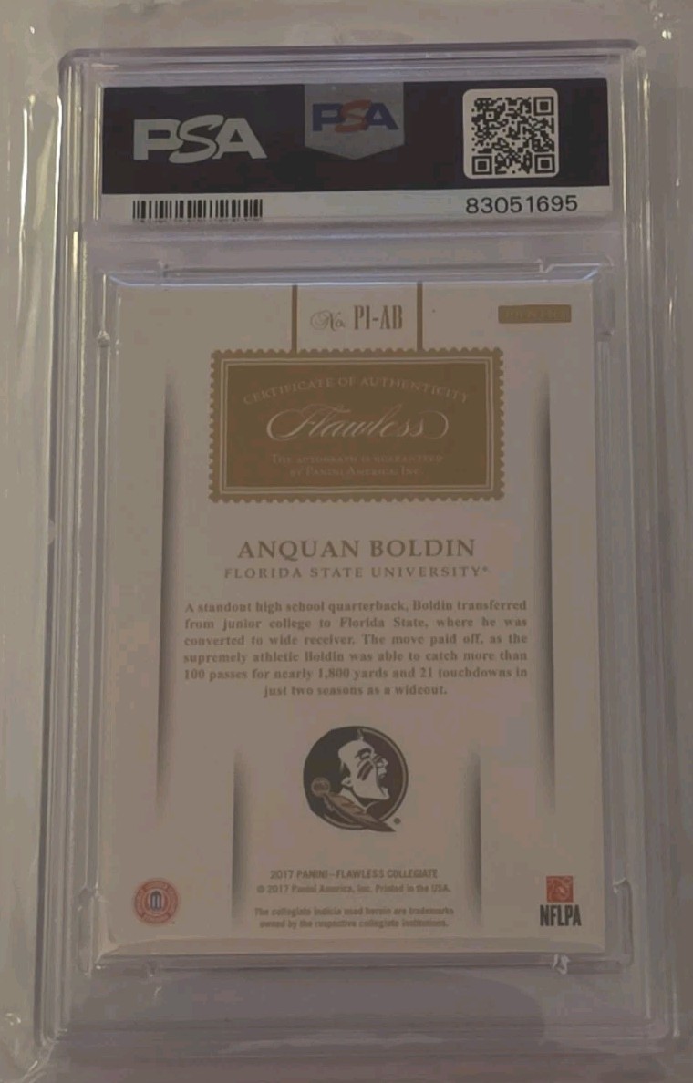 2017 Panini Flawless Collegiate Anquan Boldin Premium Ink Auto Silver PSA 9 /20 view 2