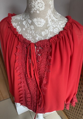 New Elasticated Hem Sheer Red Crochet On/off Shoulder Top ITALY MODA LAGENLOOK - Picture 6 of 22