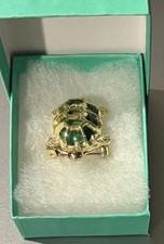Vintage Gold Tone Green Enamel Turtle Brooch Pin with Ruby Eyes Gift Boxed