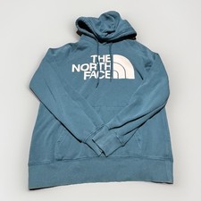 The North Face Hoodie Women XS Blue Fleece Lined Ribbed Hem Cuff Spellout Logo