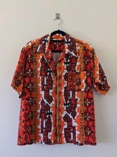 VTG 60s/70s Orange Hawaiian Tropical Luau Short Sleeve Button Up Shirt Men Large