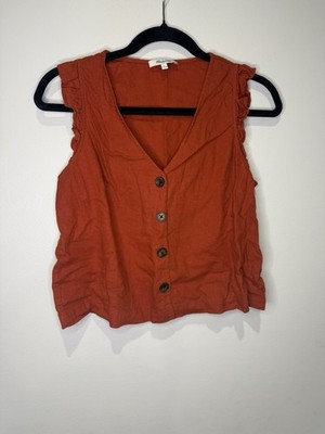 Madewell Burnt Orange Linen Blend Ruffle Button Front Tank Shirt size 0 Boho