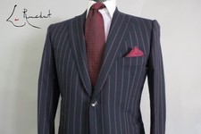 Isaia Napoli Hand made in Italy navy Salmon Pink Capone Stripe slim suit 42 R