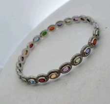 Designer Sterling Silver Multi Rainbow Gemstone Bangle Bracelet