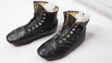 Antique Child's Leather Lace-Up Boots Black With Velvet Swirl Design