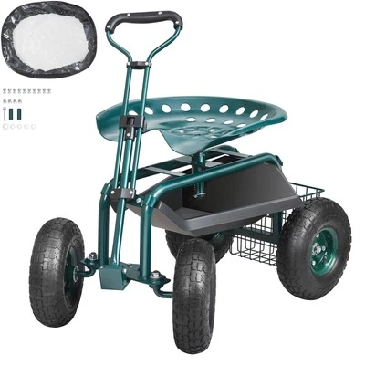 Siège Jardin Roulant Tabouret Jardinage sur Roues Poignée Extensible Vert - Photo 1/4