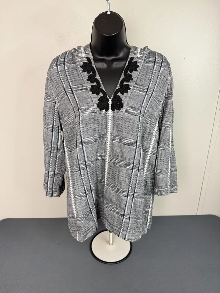 Tommy Bahama Mujer Bordado Capucha Boho Top Gris Talla Mediana Acogedor Foto 2 de 4