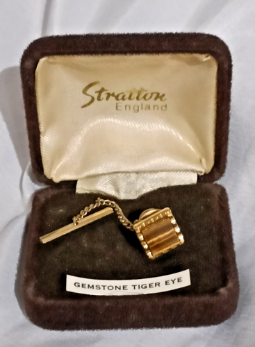 Vintage Stratton Men's Tigers Eye Natural Gemstone Tie Pin/Tie Tack VGC & Boxed