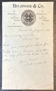 SAVANNAH, GA ~ BELSINGER & Co., Whiskey Distillers ~ Illus. Letter Sheet 1906