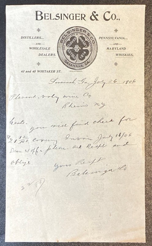 SAVANNAH, GA ~ BELSINGER & Co., Whiskey Distillers ~ Illus. Letter Sheet 1906