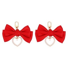 2Pcs Red  Pearl Heart Bow Knot Keychain Cute Bag Charm Keyring