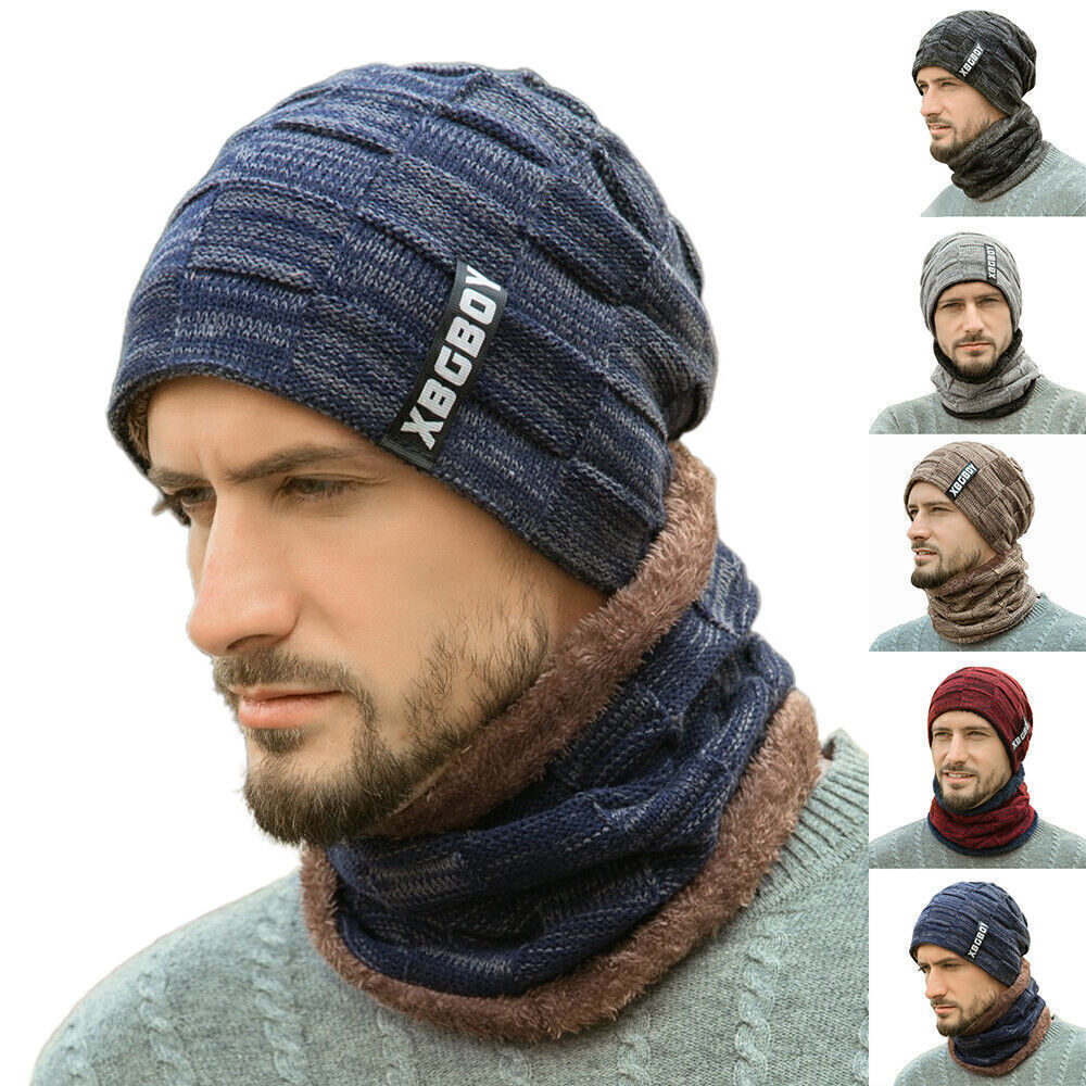 Men's Winter Knitted Beanie Slouch Hats Thermal Neck Scarf Set