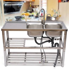 Commercial Kitchen Sink Unit Deep Sink & Prep Table Stainless Steel Double-Sink