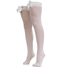 Over the Knee White Stockings with Satin Ribbon Bow Accent for Women and Girls