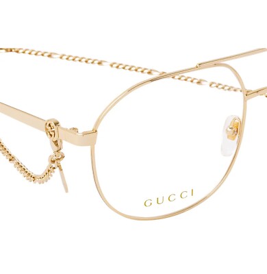 GUCCI 1091 Gold Chain Pendant Pilot Unisex Necklace Eyeglasses 56m