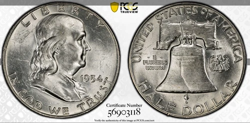 :1954-D 50C FRANKLIN HALF DOLLAR PCGS UNC-DETAIL NEW SLAB CLEAR & BRIGHT COIN