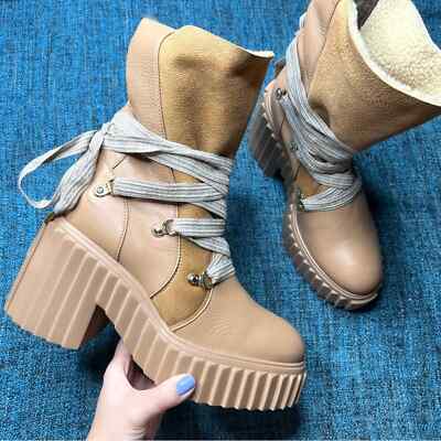 AGL Tania Warm Chunky Platform Boots in Camel Brown Leather Euro 40 or 10 Womens